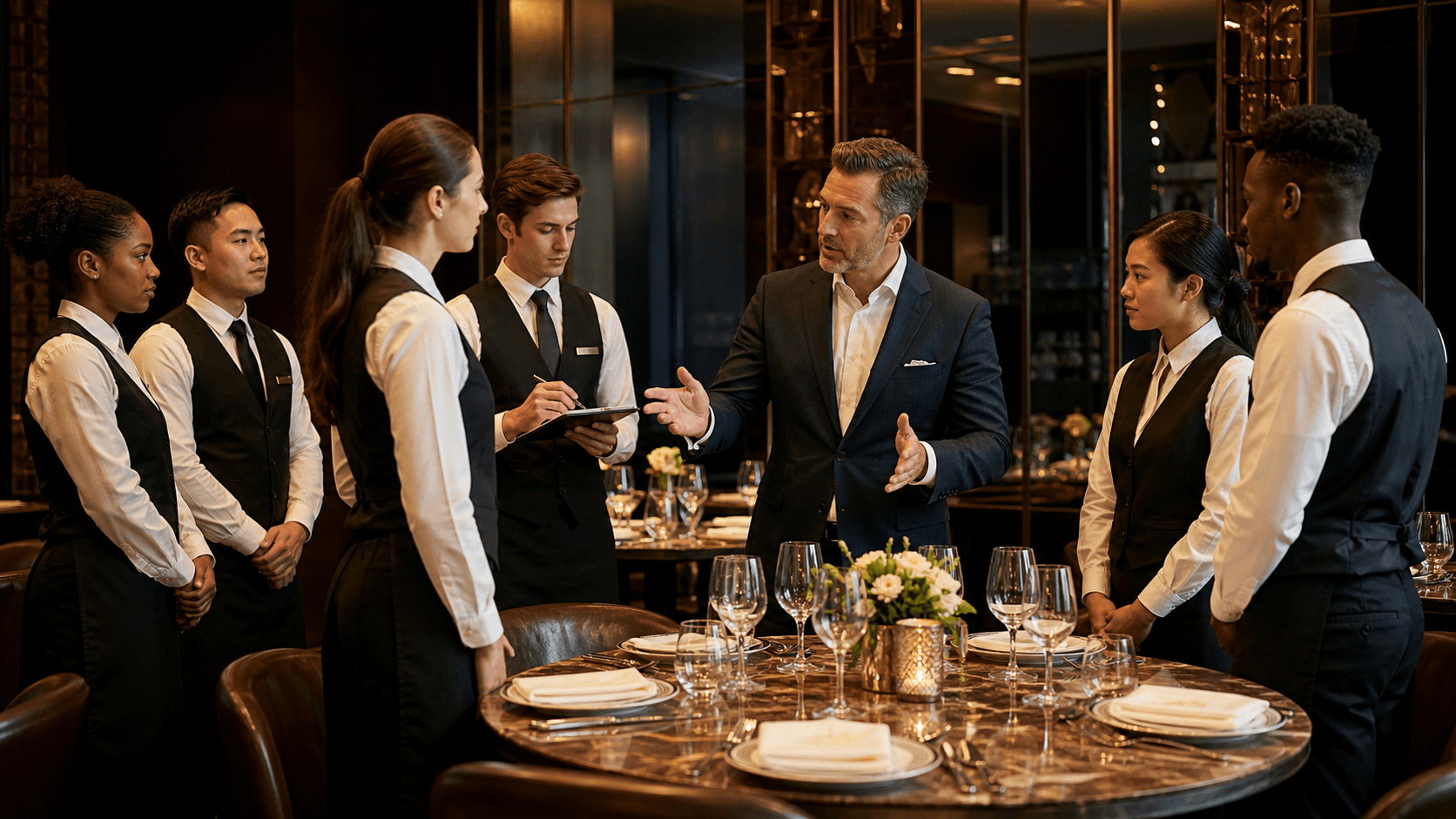 Service training session on the restaurant floor