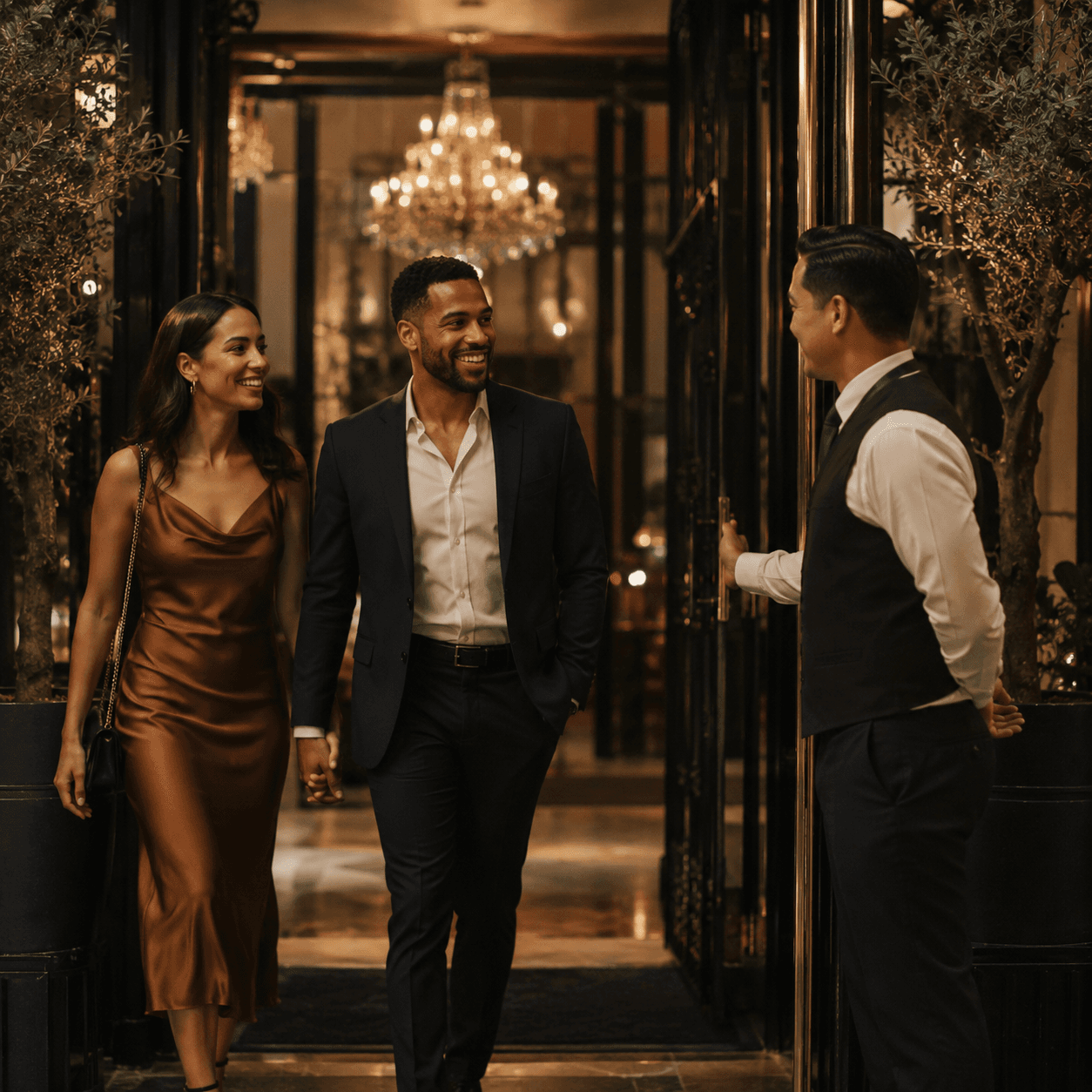 Guests arriving at a fine dining restaurant entrance