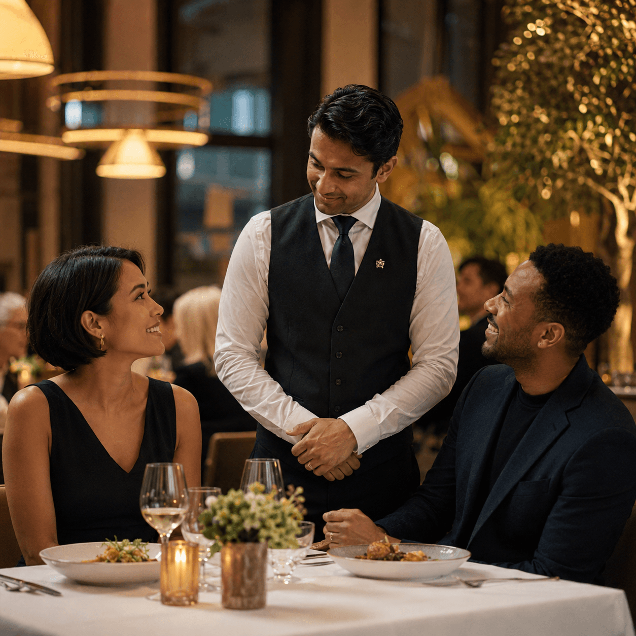 A server connecting with guests at the table