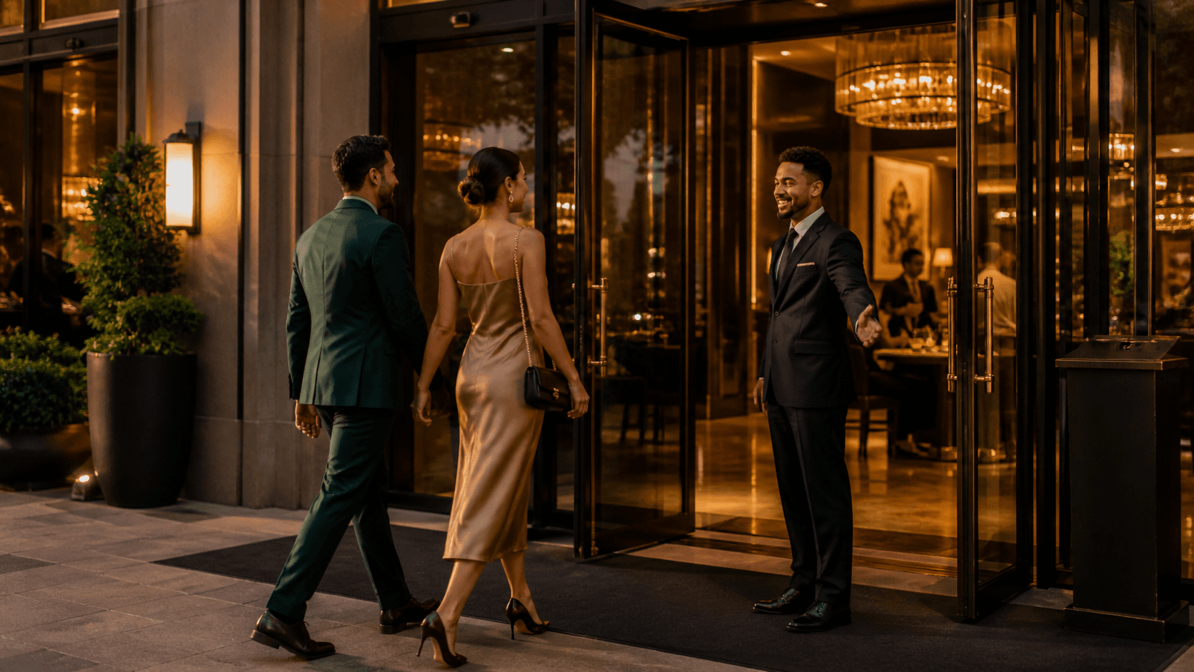 Guests arriving at a fine dining restaurant